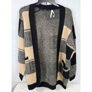 Dreamers by Debut Open Front Cardigan Sweater Beige Black Plaid Patchwork Medium